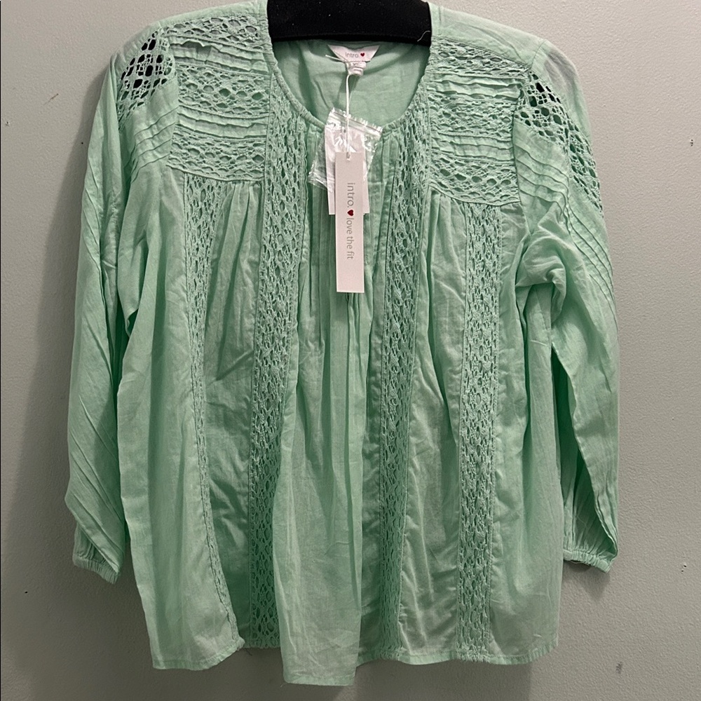 intro. Mint Green Crochet-Panel Peasant Blouse